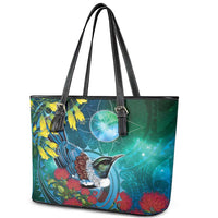 New Zealand Tui Bird Leather Tote Bag Maori Koru With Pohutukawa Galaxy Style - Polynesian Pride