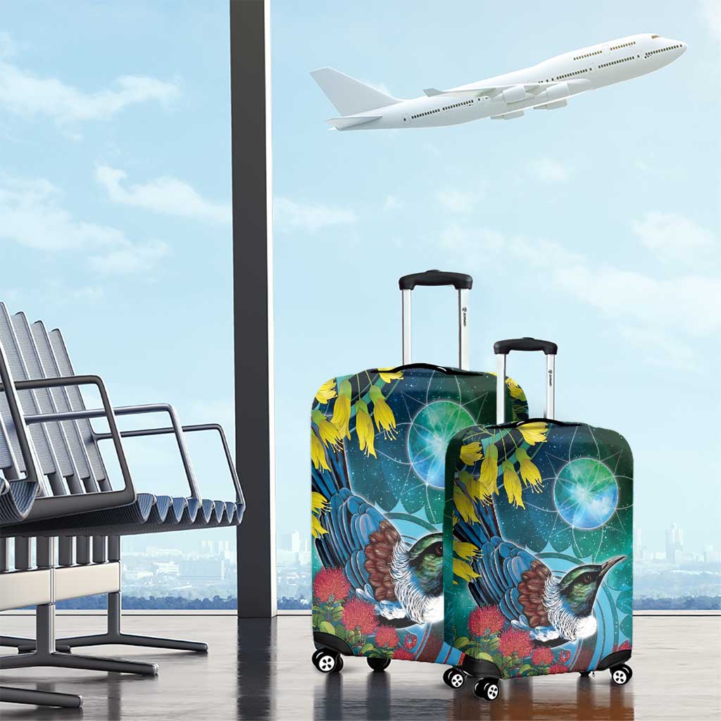 New Zealand Tui Bird Luggage Cover Maori Koru With Pohutukawa Galaxy Style - Polynesian Pride