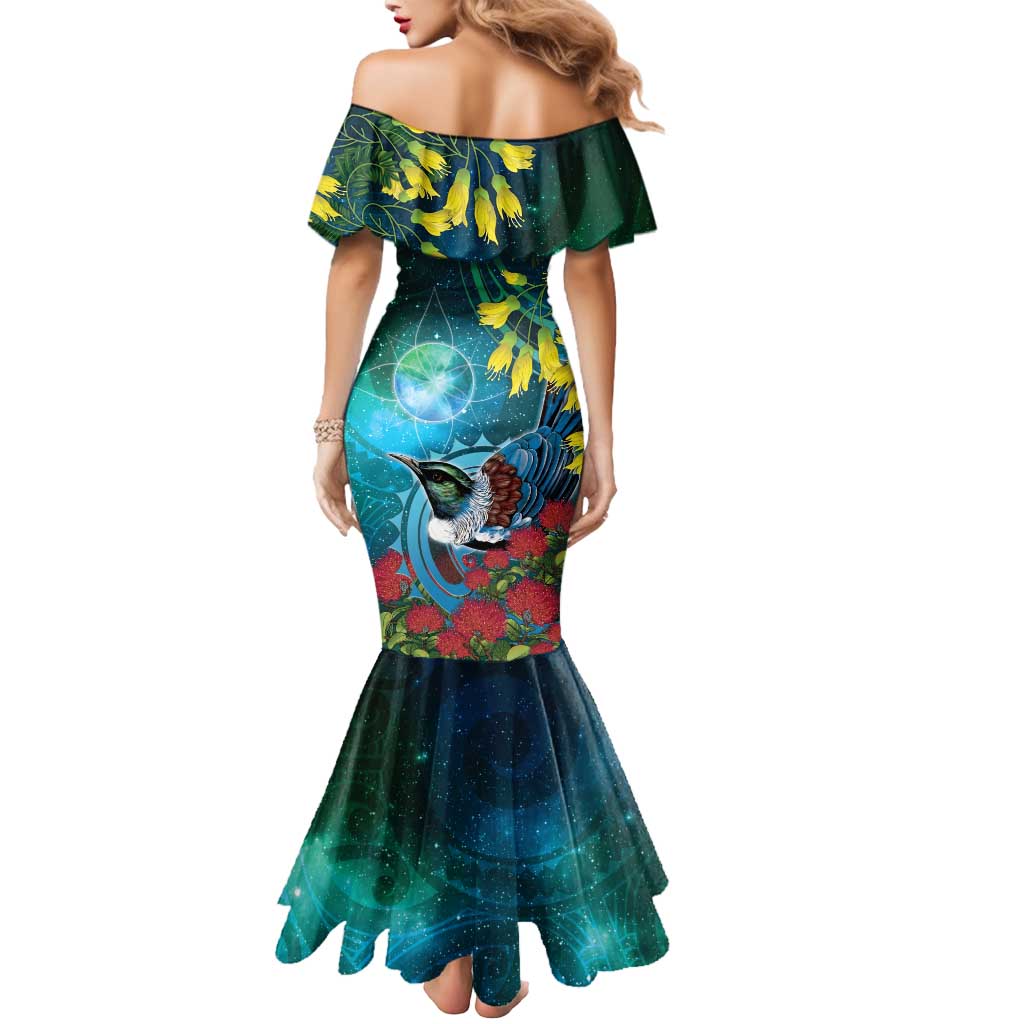 New Zealand Tui Bird Mermaid Dress Maori Koru With Pohutukawa Galaxy Style - Polynesian Pride