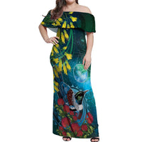 New Zealand Tui Bird Off Shoulder Maxi Dress Maori Koru With Pohutukawa Galaxy Style - Polynesian Pride