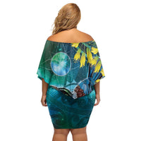 New Zealand Tui Bird Off Shoulder Short Dress Maori Koru With Pohutukawa Galaxy Style - Polynesian Pride