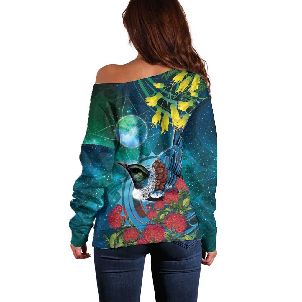 New Zealand Tui Bird Off Shoulder Sweater Maori Koru With Pohutukawa Galaxy Style - Polynesian Pride