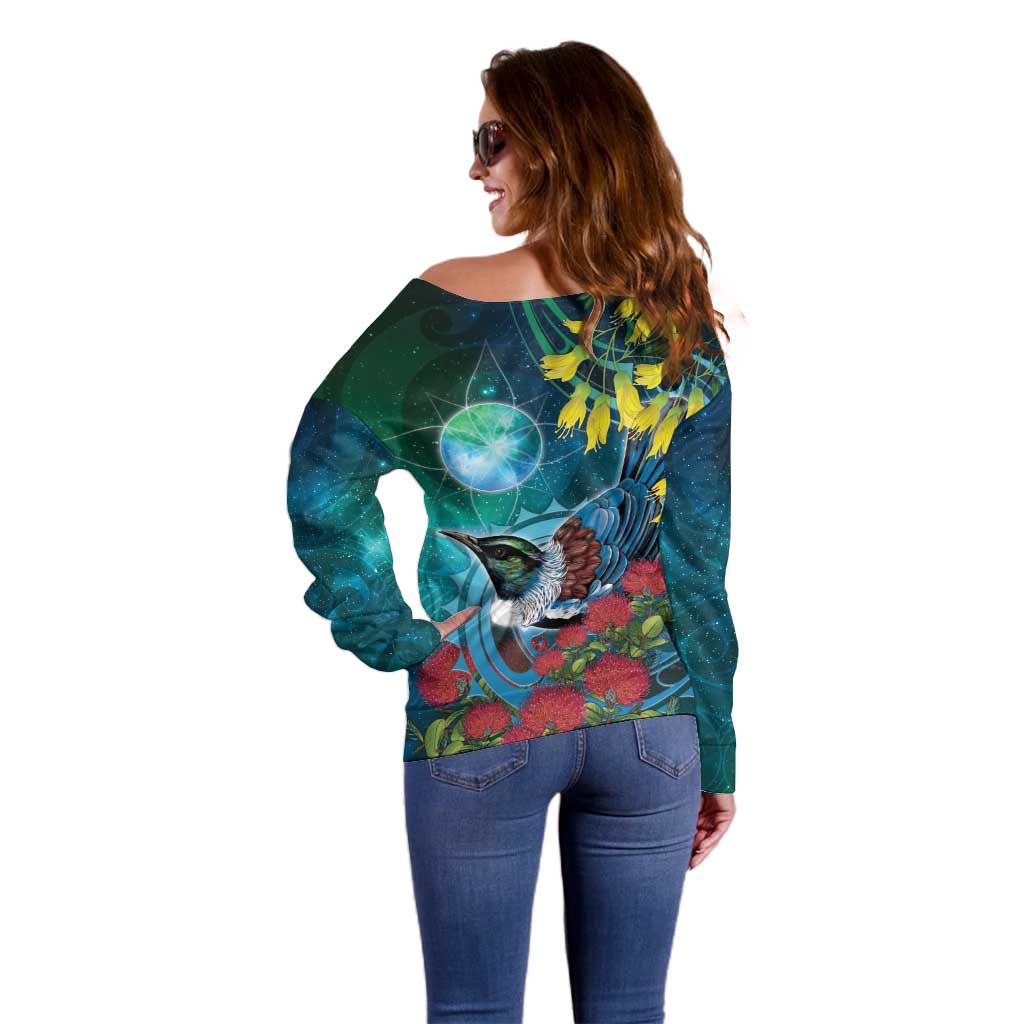 New Zealand Tui Bird Off Shoulder Sweater Maori Koru With Pohutukawa Galaxy Style - Polynesian Pride