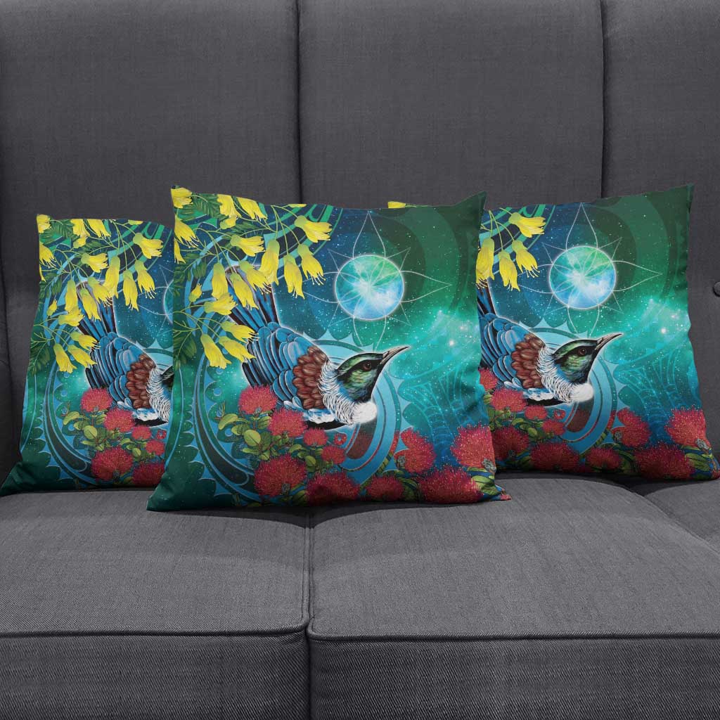 New Zealand Tui Bird Pillow Cover Maori Koru With Pohutukawa Galaxy Style - Polynesian Pride