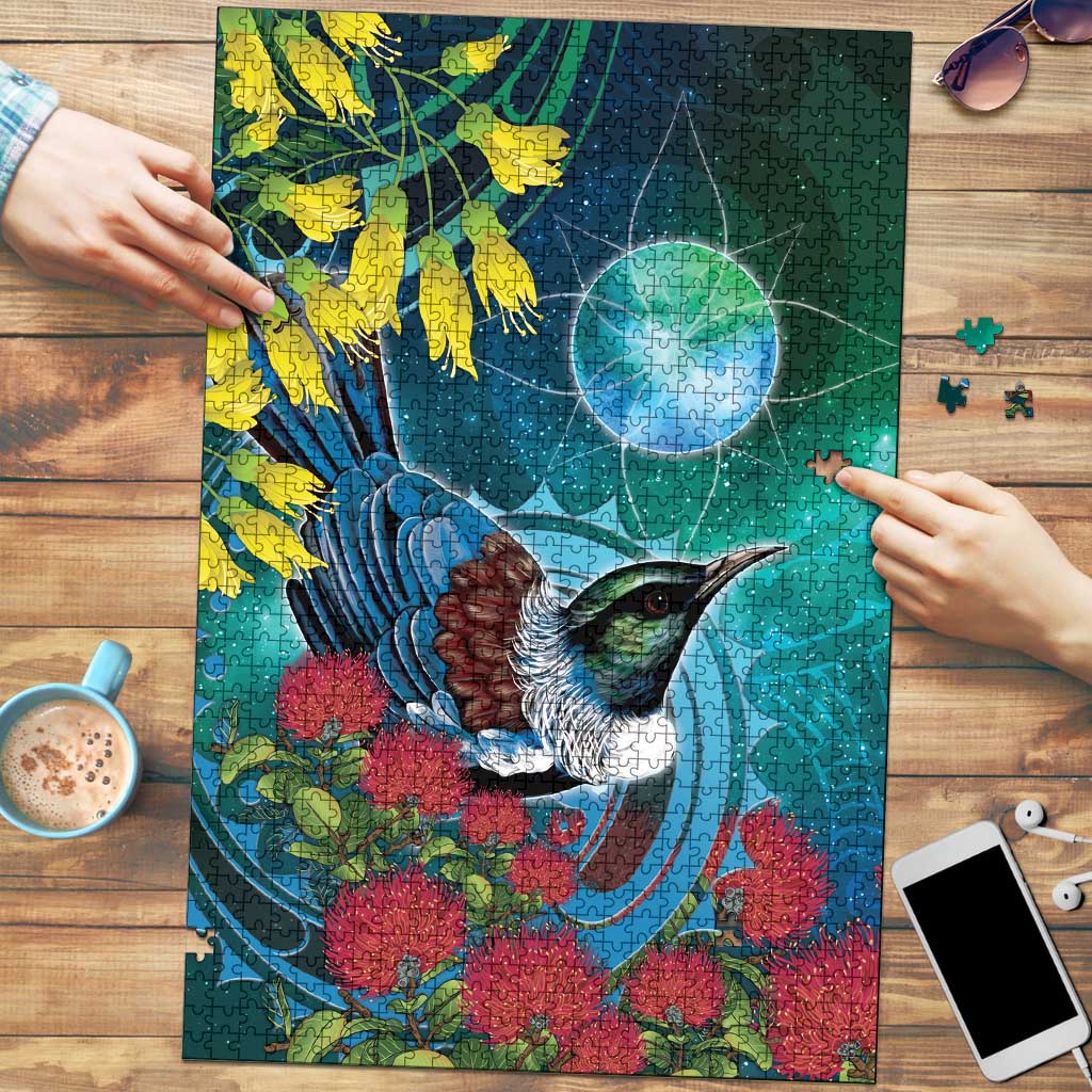 New Zealand Tui Bird Puzzle Maori Koru With Pohutukawa Galaxy Style - Polynesian Pride