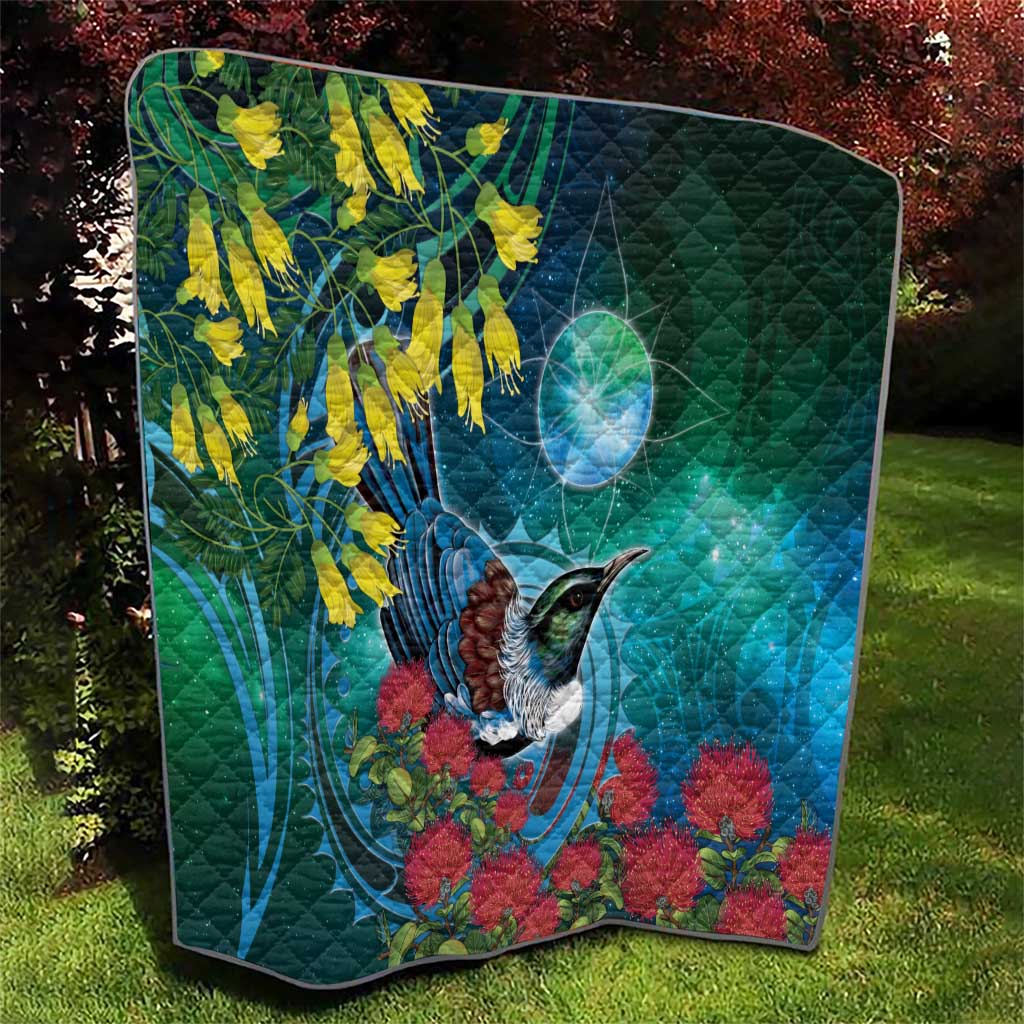New Zealand Tui Bird Quilt Maori Koru With Pohutukawa Galaxy Style - Polynesian Pride