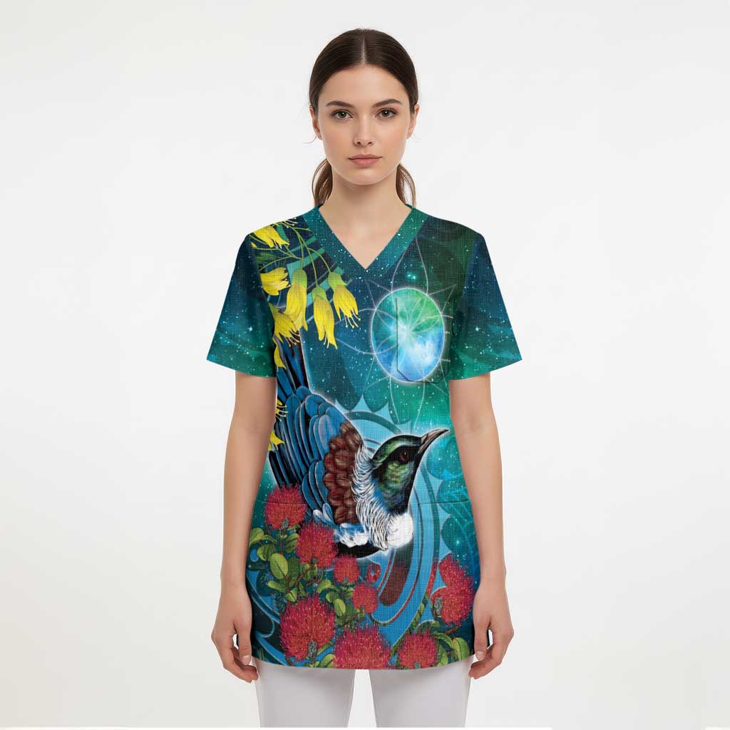New Zealand Tui Bird Scrub Top Maori Koru With Pohutukawa Galaxy Style - Polynesian Pride