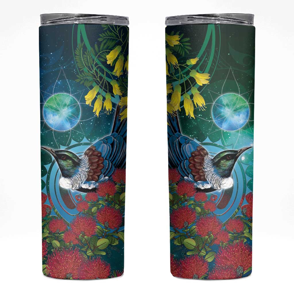 New Zealand Tui Bird Skinny Tumbler Maori Koru With Pohutukawa Galaxy Style - Polynesian Pride