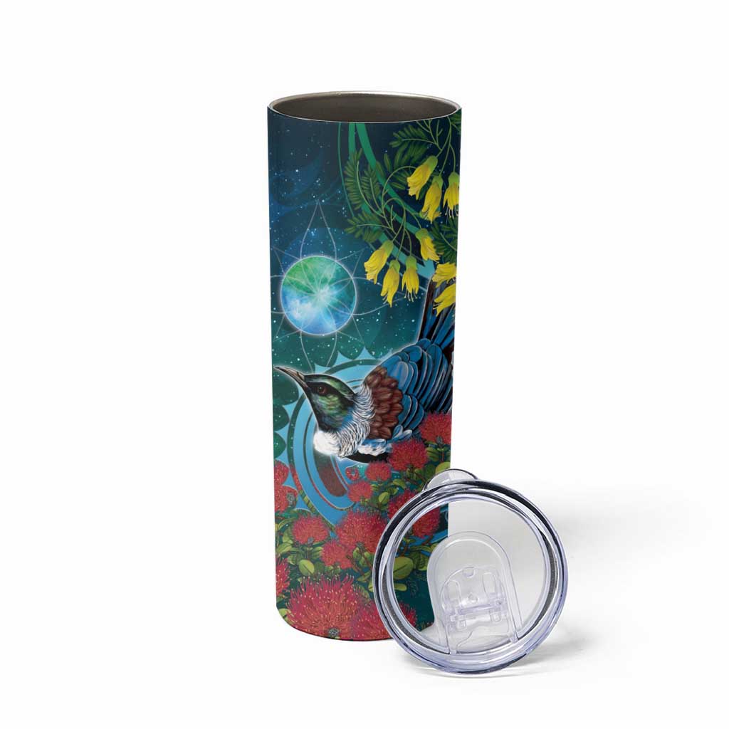 New Zealand Tui Bird Skinny Tumbler Maori Koru With Pohutukawa Galaxy Style - Polynesian Pride