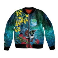 New Zealand Tui Bird Sleeve Zip Bomber Jacket Maori Koru With Pohutukawa Galaxy Style - Polynesian Pride