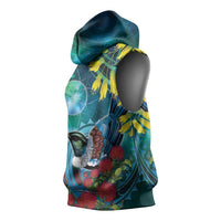 New Zealand Tui Bird Sleeveless Hoodie Maori Koru With Pohutukawa Galaxy Style - Polynesian Pride