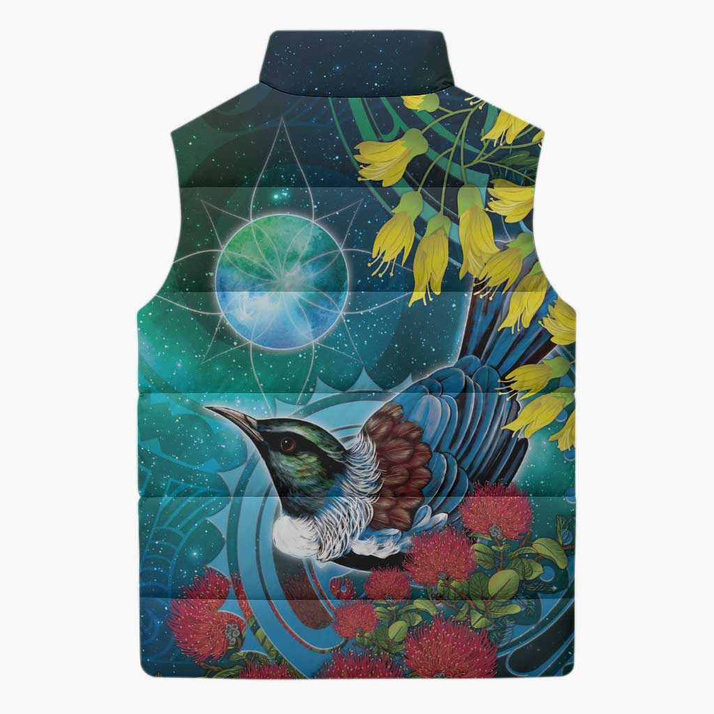New Zealand Tui Bird Sleeveless Puffer Jacket Maori Koru With Pohutukawa Galaxy Style - Polynesian Pride