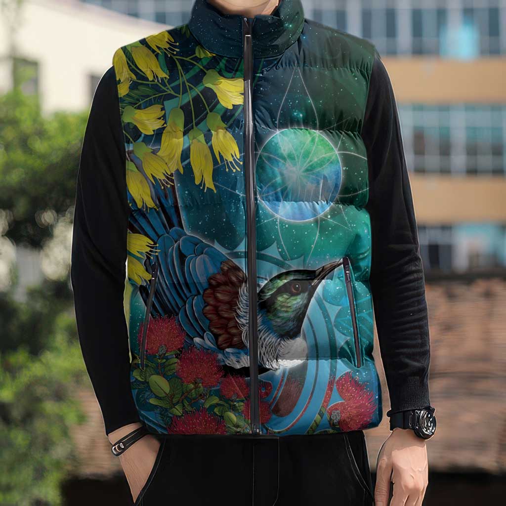 New Zealand Tui Bird Sleeveless Puffer Jacket Maori Koru With Pohutukawa Galaxy Style - Polynesian Pride