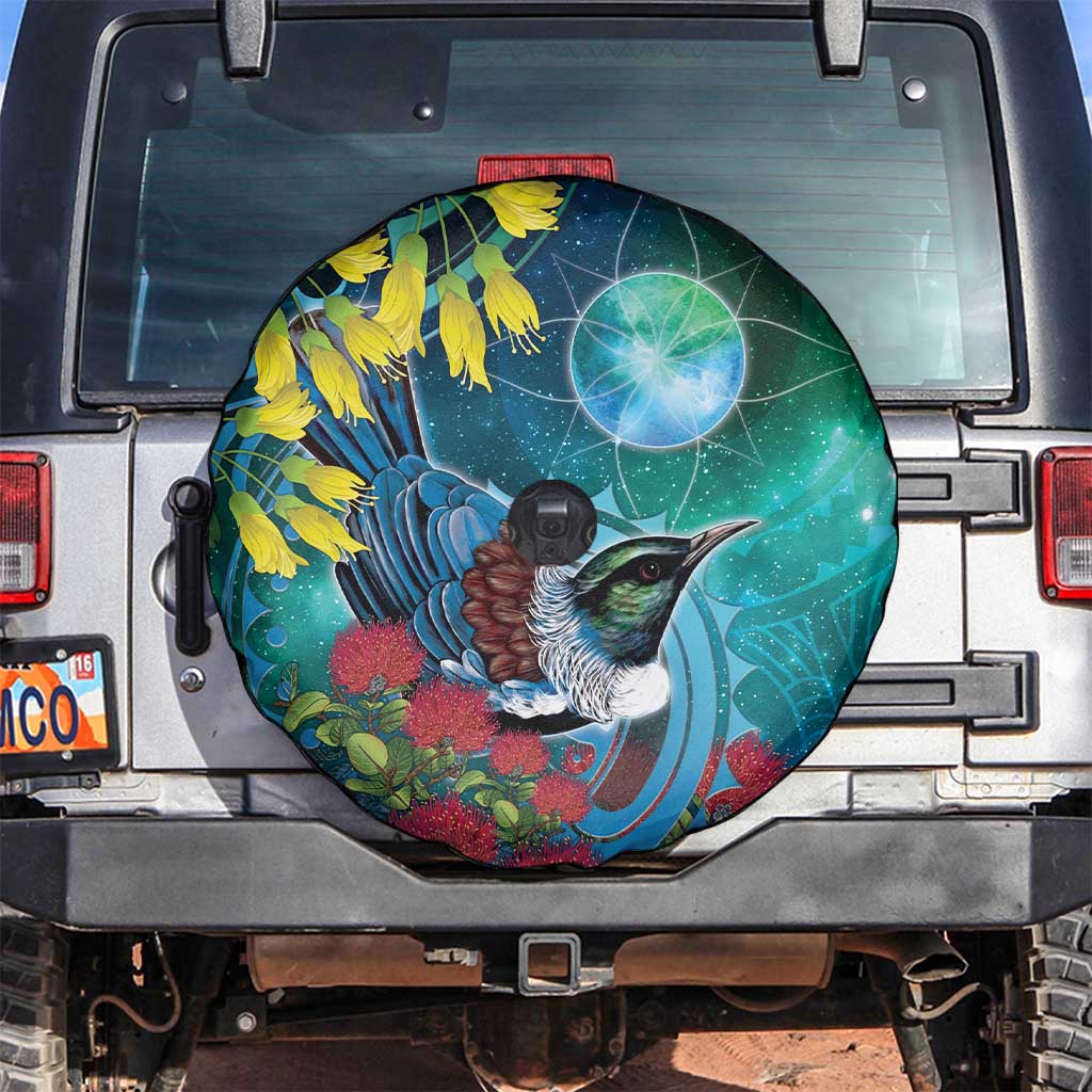 New Zealand Tui Bird Spare Tire Cover Maori Koru With Pohutukawa Galaxy Style - Polynesian Pride
