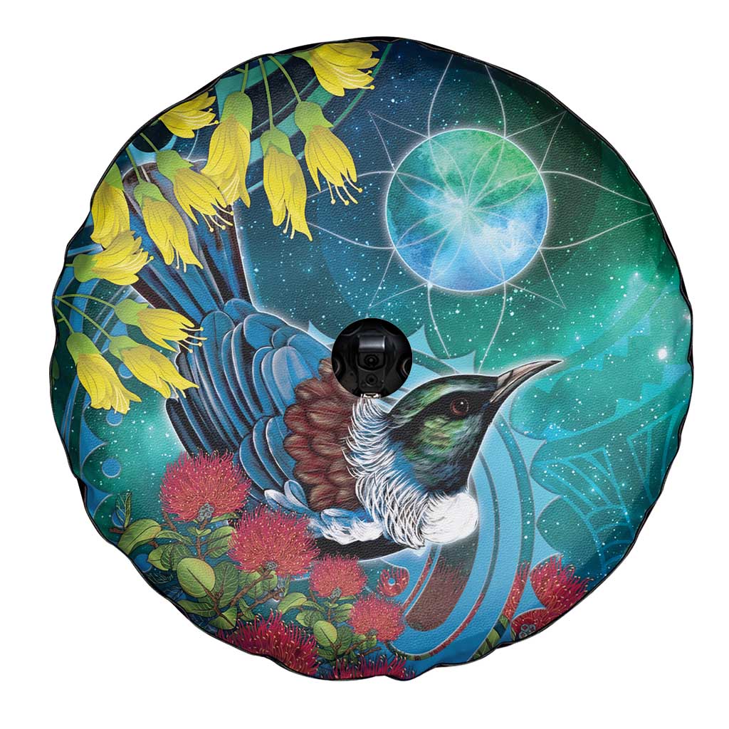 New Zealand Tui Bird Spare Tire Cover Maori Koru With Pohutukawa Galaxy Style - Polynesian Pride