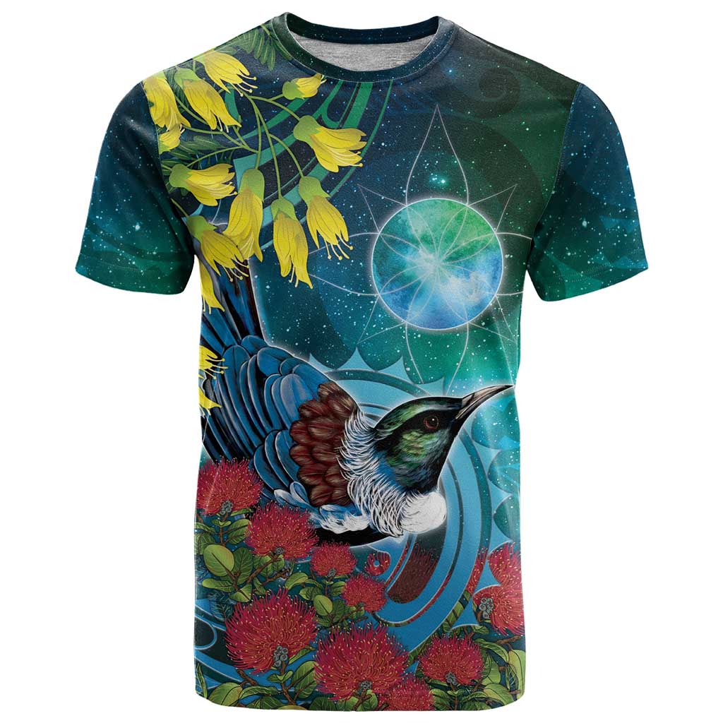 New Zealand Tui Bird T Shirt Maori Koru With Pohutukawa Galaxy Style - Polynesian Pride