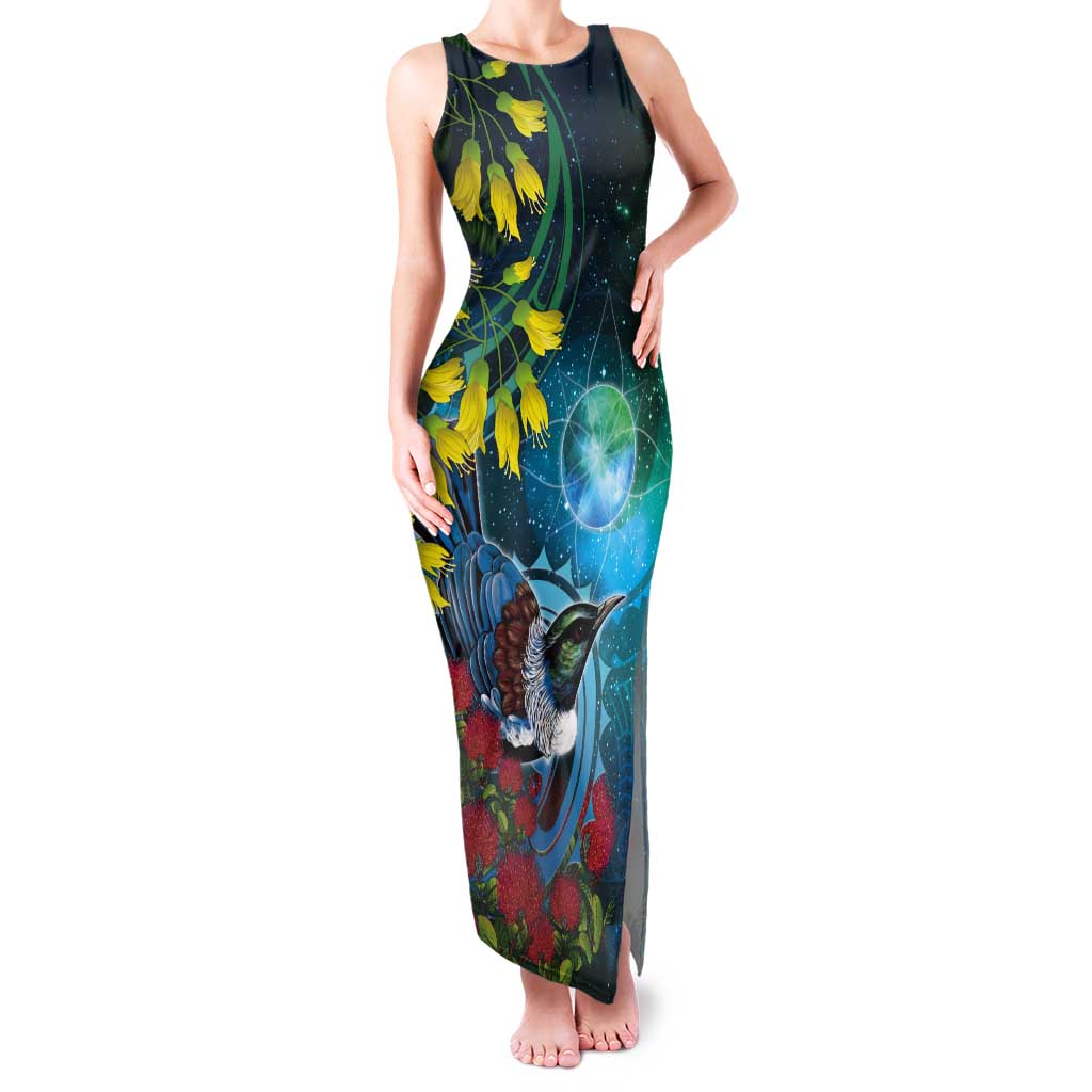 New Zealand Tui Bird Tank Maxi Dress Maori Koru With Pohutukawa Galaxy Style - Polynesian Pride