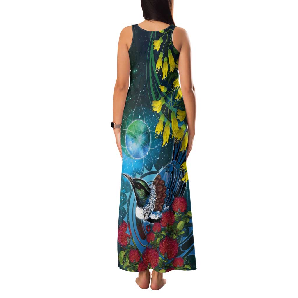 New Zealand Tui Bird Tank Maxi Dress Maori Koru With Pohutukawa Galaxy Style - Polynesian Pride