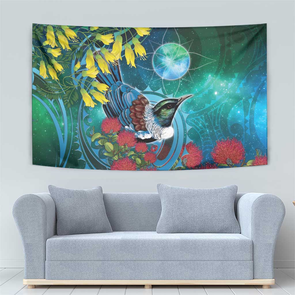 New Zealand Tui Bird Tapestry Maori Koru With Pohutukawa Galaxy Style - Polynesian Pride