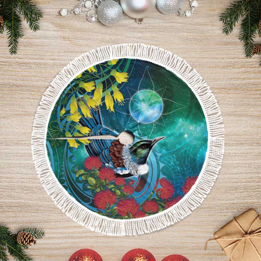 New Zealand Tui Bird Tree Skirt Maori Koru With Pohutukawa Galaxy Style - Polynesian Pride