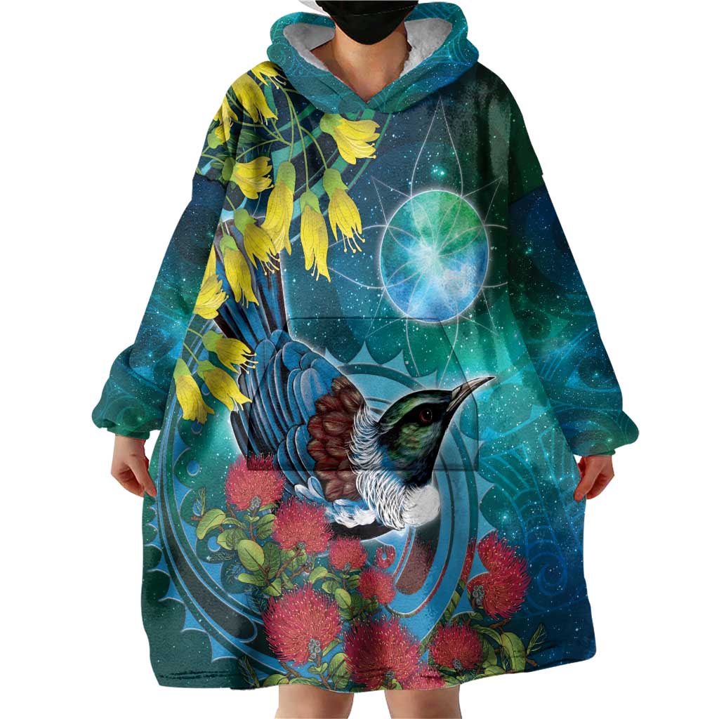 New Zealand Tui Bird Wearable Blanket Hoodie Maori Koru With Pohutukawa Galaxy Style - Polynesian Pride