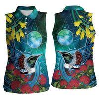 New Zealand Tui Bird Women Sleeveless Polo Shirt Maori Koru With Pohutukawa Galaxy Style - Polynesian Pride