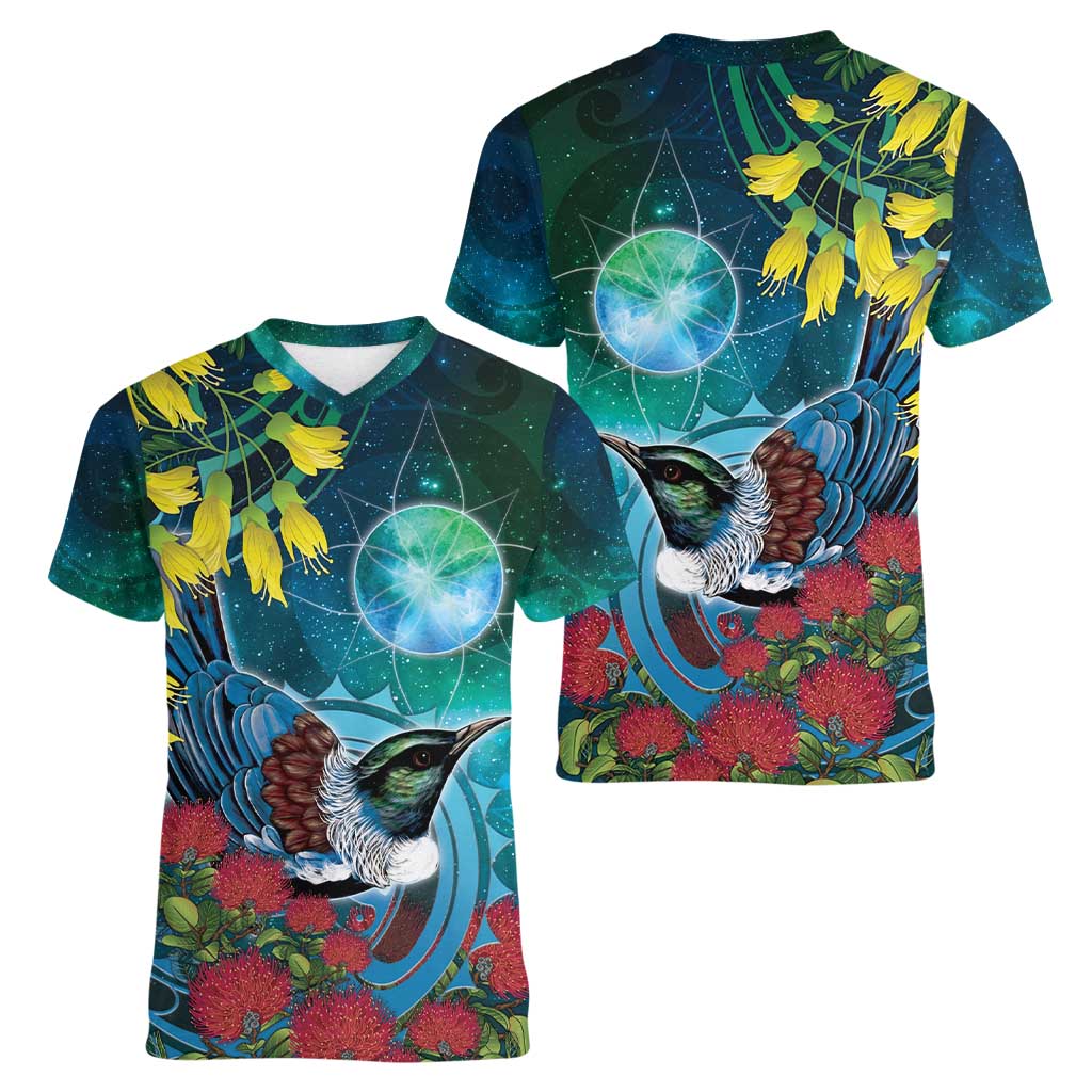 New Zealand Tui Bird Women V-Neck T-Shirt Maori Koru With Pohutukawa Galaxy Style - Polynesian Pride