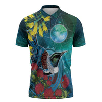 New Zealand Tui Bird Zipper Polo Shirt Maori Koru With Pohutukawa Galaxy Style LT05 Blue - Polynesian Pride