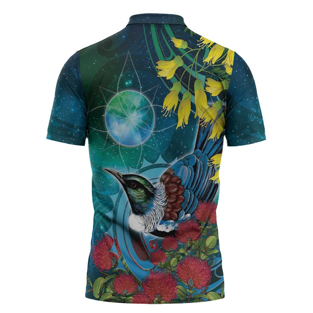 New Zealand Tui Bird Zipper Polo Shirt Maori Koru With Pohutukawa Galaxy Style LT05 - Polynesian Pride