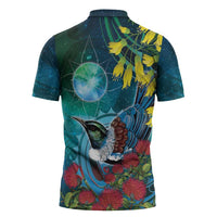 New Zealand Tui Bird Zipper Polo Shirt Maori Koru With Pohutukawa Galaxy Style LT05 - Polynesian Pride