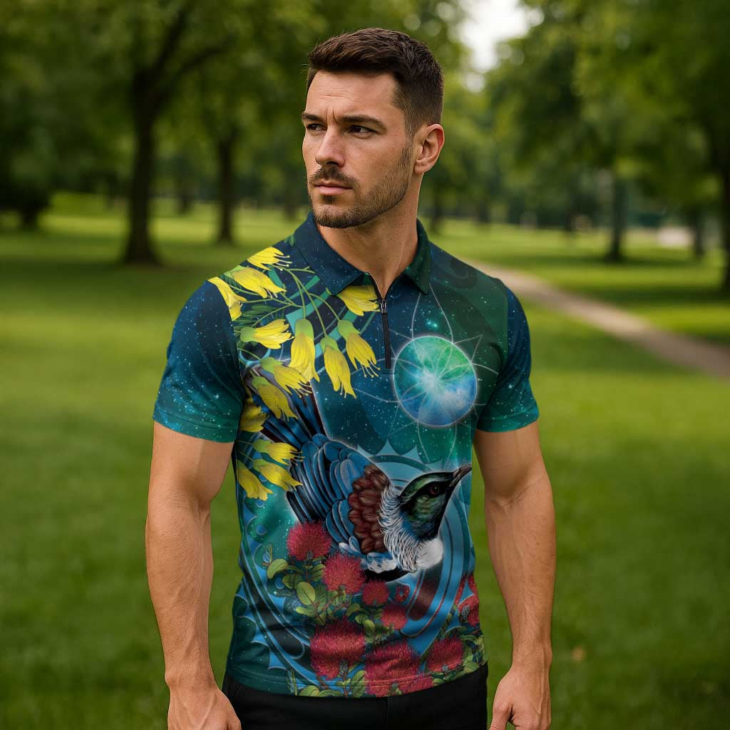 New Zealand Tui Bird Zipper Polo Shirt Maori Koru With Pohutukawa Galaxy Style LT05 - Polynesian Pride