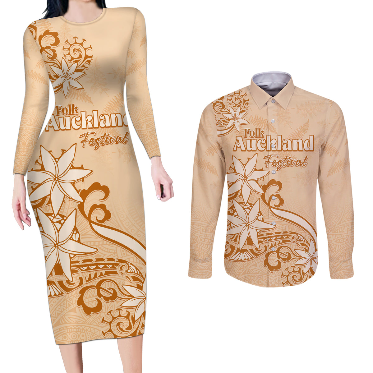 Personalised New Zealand Auckland Folk Festival Couples Matching Long Sleeve Bodycon Dress and Long Sleeve Button Shirt Vintage Style LT05 Brown - Polynesian Pride