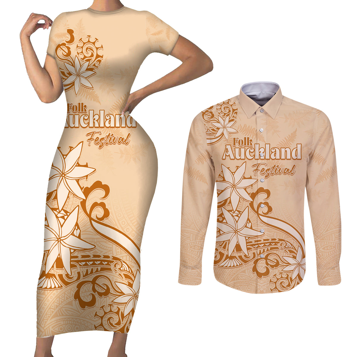 Personalised New Zealand Auckland Folk Festival Couples Matching Short Sleeve Bodycon Dress and Long Sleeve Button Shirt Vintage Style LT05 Brown - Polynesian Pride