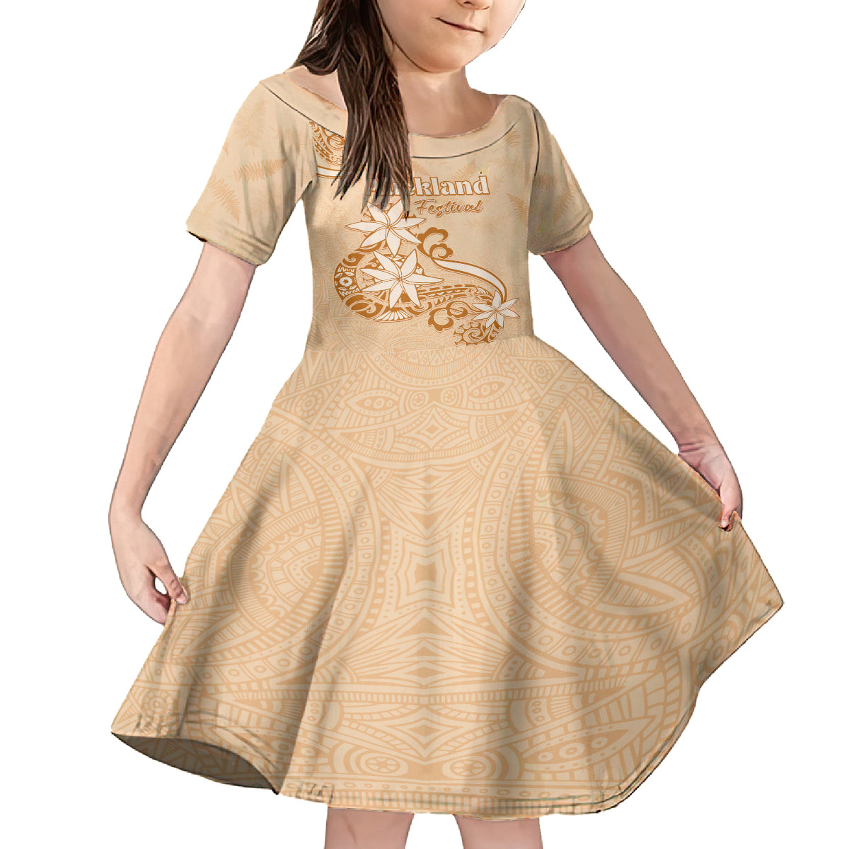 Personalised New Zealand Auckland Folk Festival Family Matching Off Shoulder Short Dress and Hawaiian Shirt Vintage Style LT05 Daughter's Dress Brown - Polynesian Pride