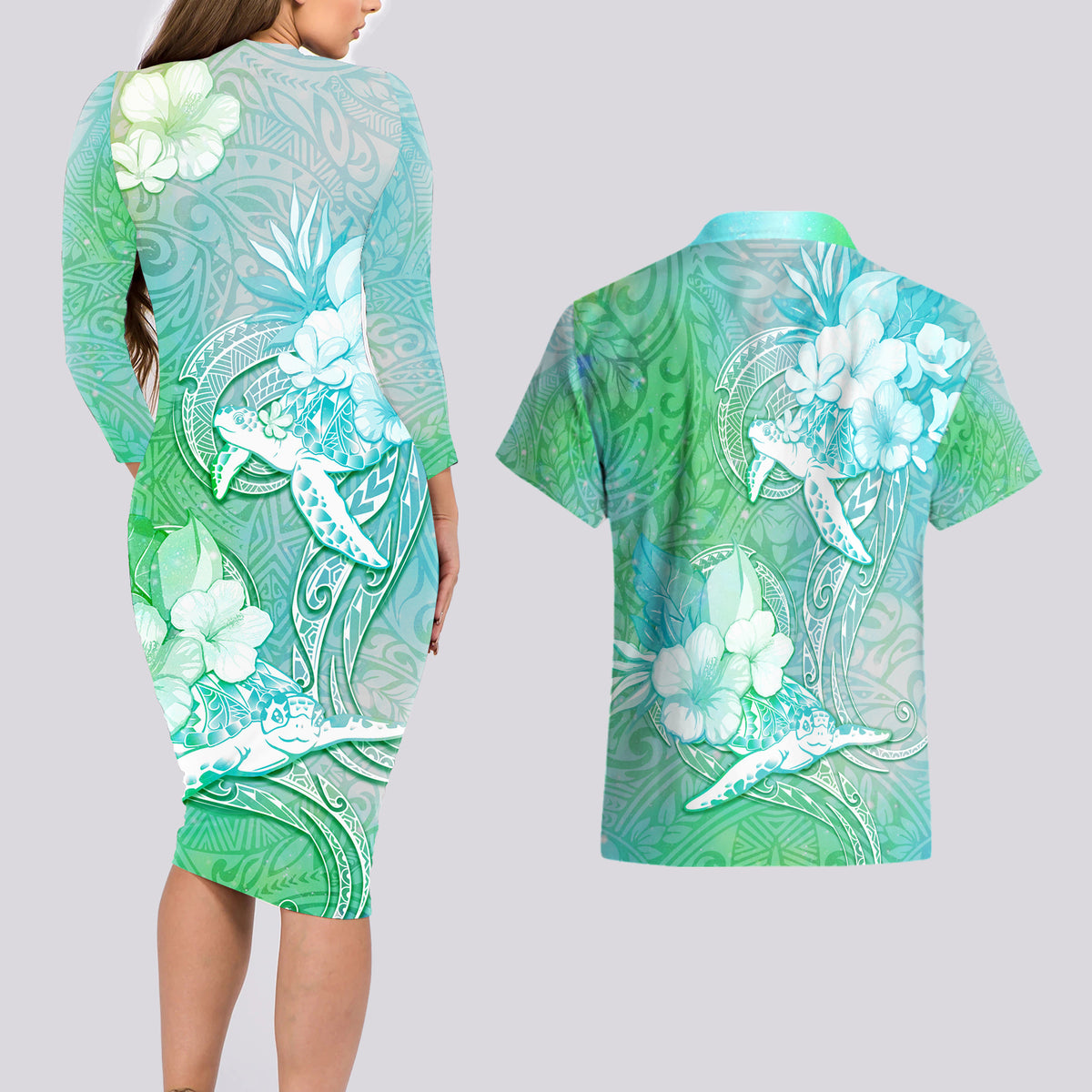 Couple Sea Turtle One Love One Heart Couples Matching Long Sleeve Bodycon Dress and Hawaiian Shirt LT05 - Polynesian Pride