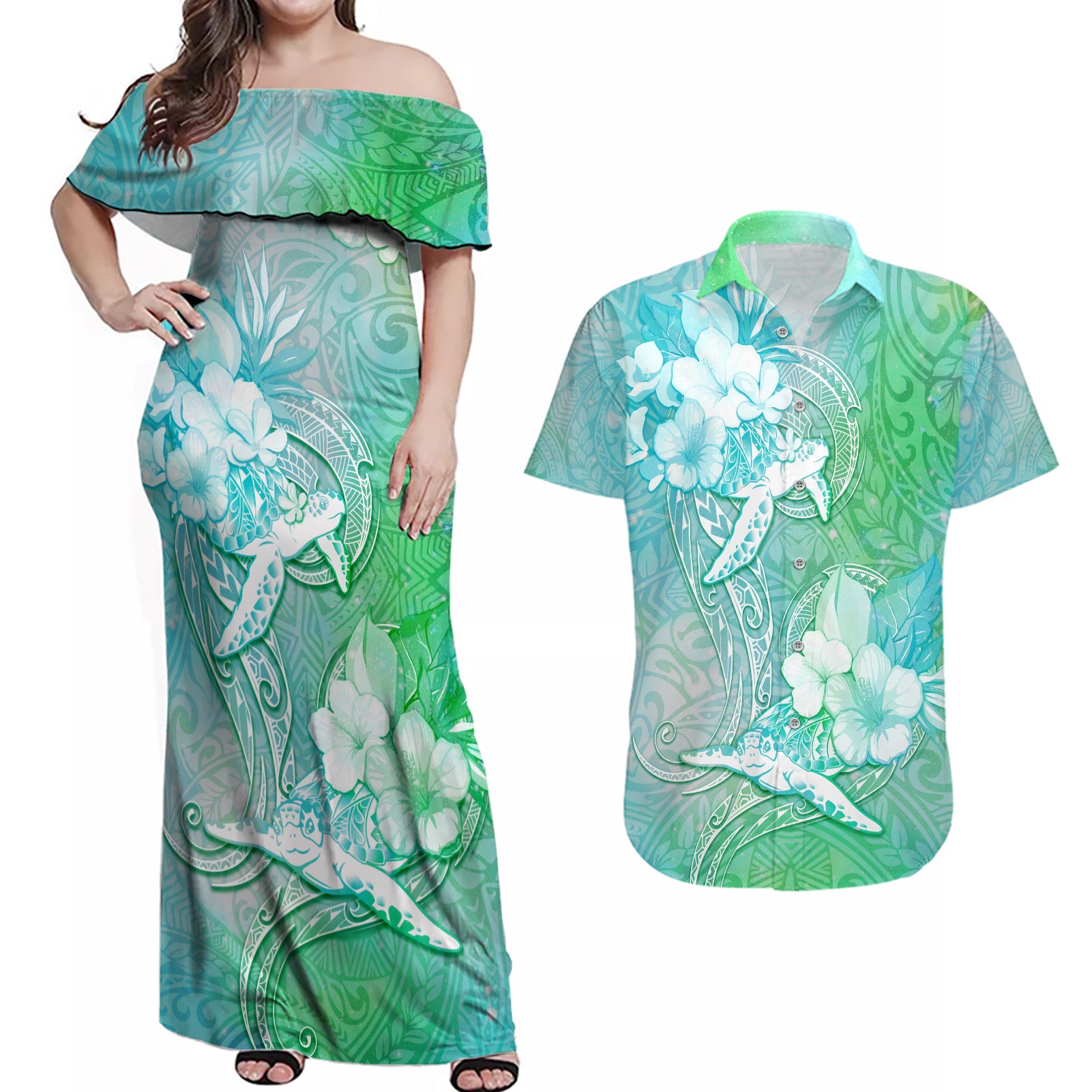 Couple Sea Turtle One Love One Heart Couples Matching Off Shoulder Maxi Dress and Hawaiian Shirt LT05 Aqua - Polynesian Pride