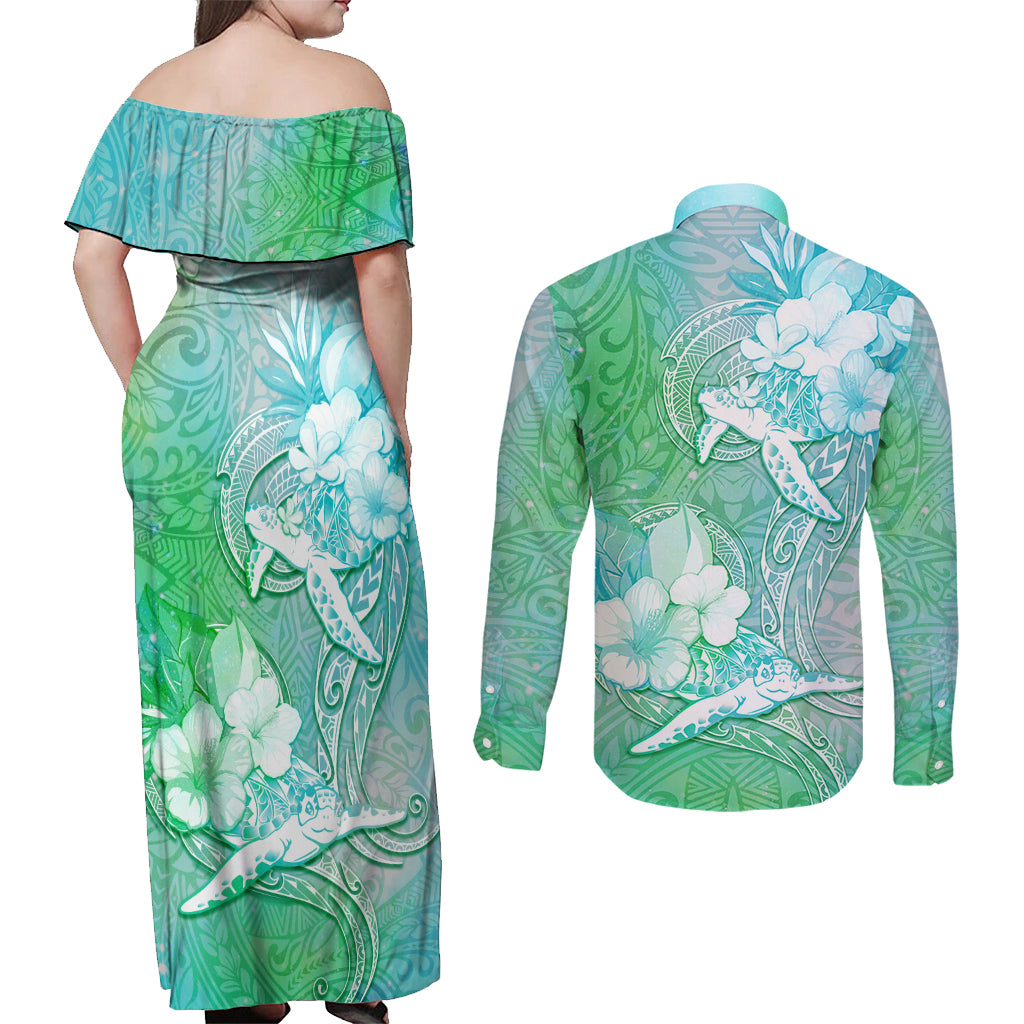 Couple Sea Turtle One Love One Heart Couples Matching Off Shoulder Maxi Dress and Long Sleeve Button Shirt LT05 - Polynesian Pride