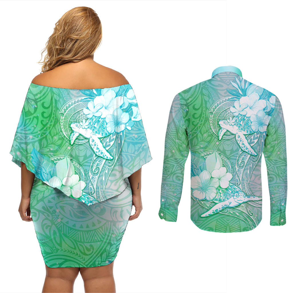 Couple Sea Turtle One Love One Heart Couples Matching Off Shoulder Short Dress and Long Sleeve Button Shirt LT05 - Polynesian Pride