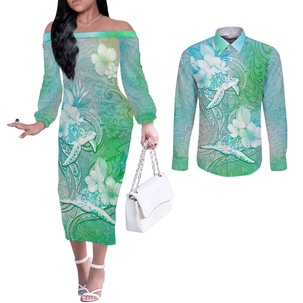 Couple Sea Turtle One Love One Heart Couples Matching Off The Shoulder Long Sleeve Dress and Long Sleeve Button Shirt LT05 Aqua - Polynesian Pride