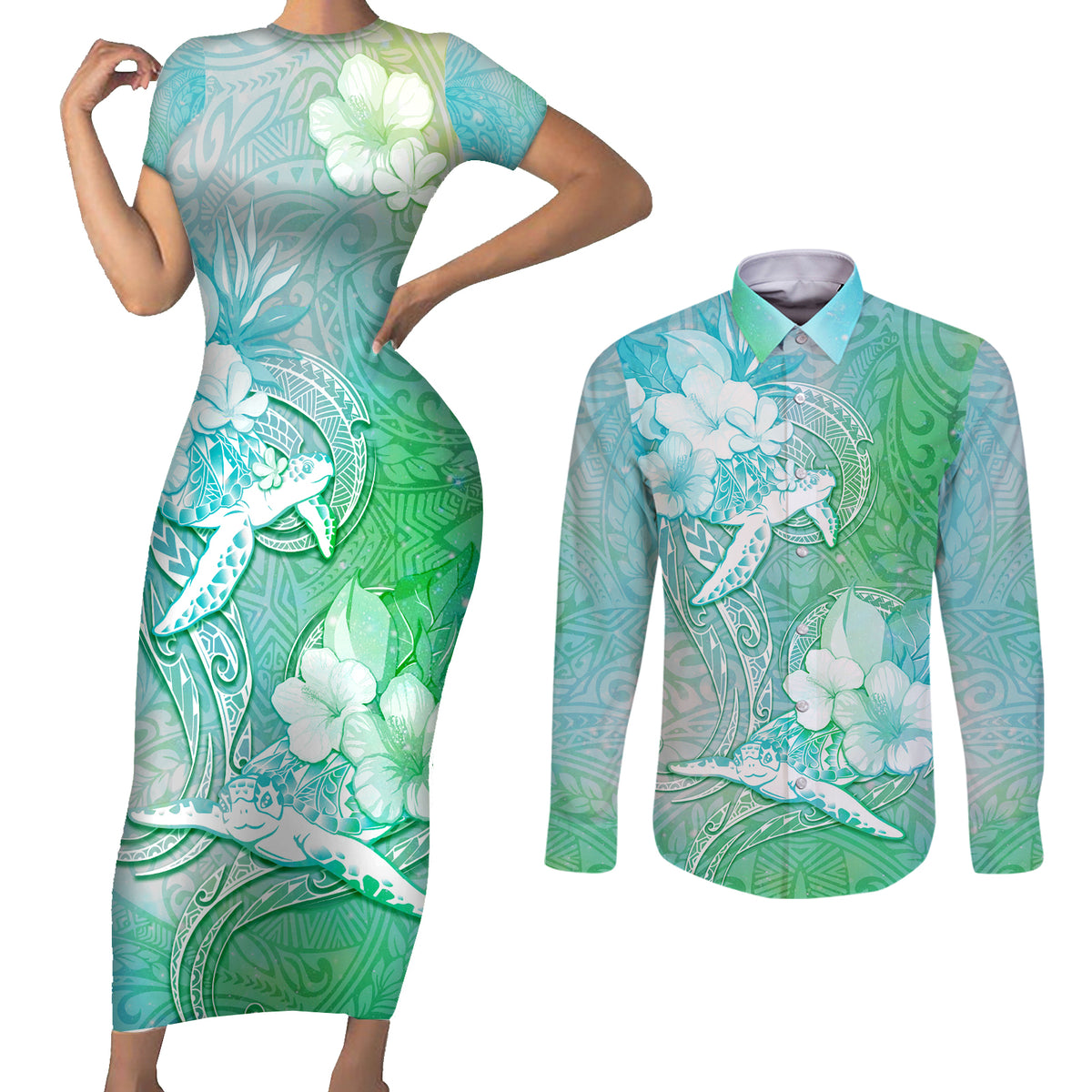 Couple Sea Turtle One Love One Heart Couples Matching Short Sleeve Bodycon Dress and Long Sleeve Button Shirt LT05 Aqua - Polynesian Pride