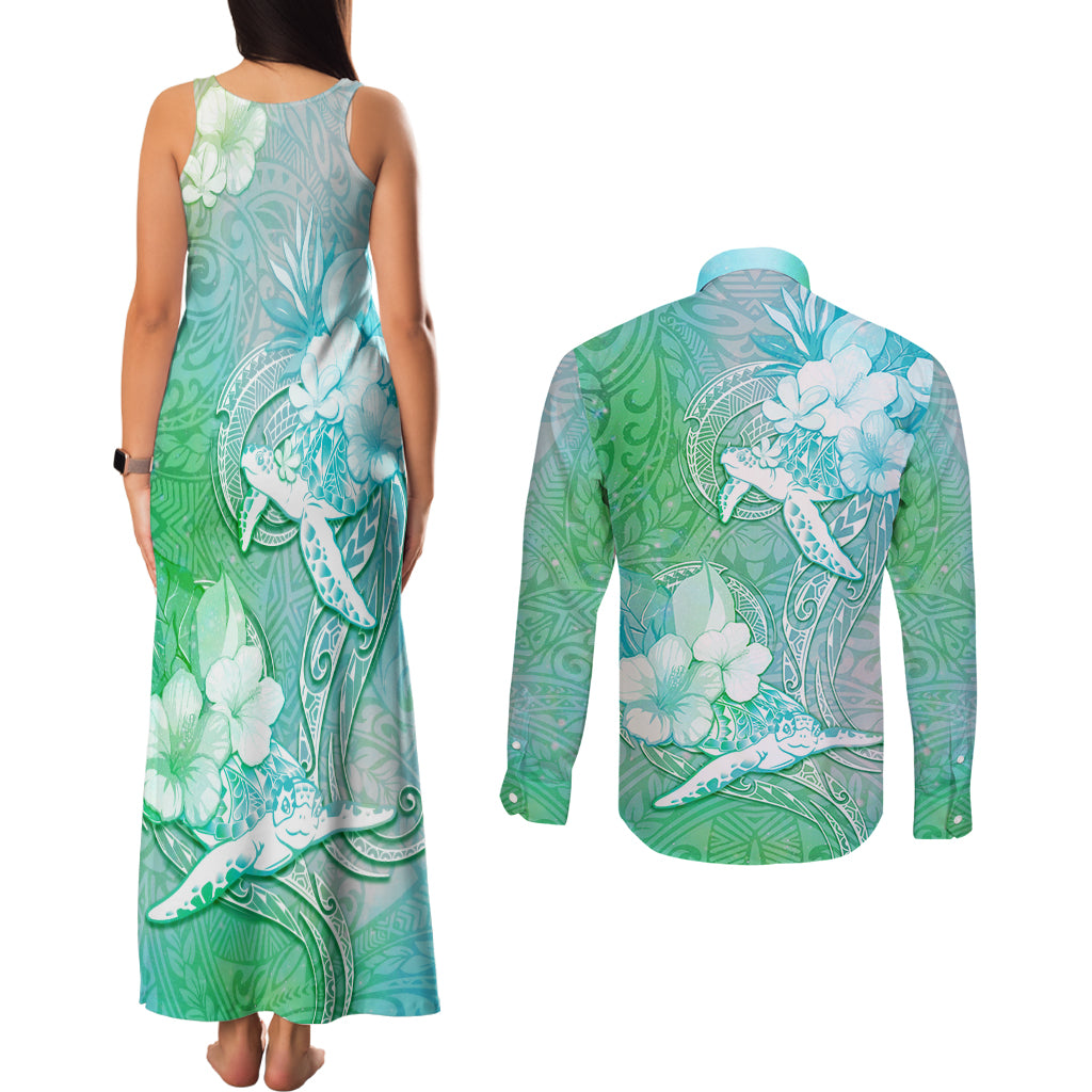 Couple Sea Turtle One Love One Heart Couples Matching Tank Maxi Dress and Long Sleeve Button Shirt LT05 - Polynesian Pride