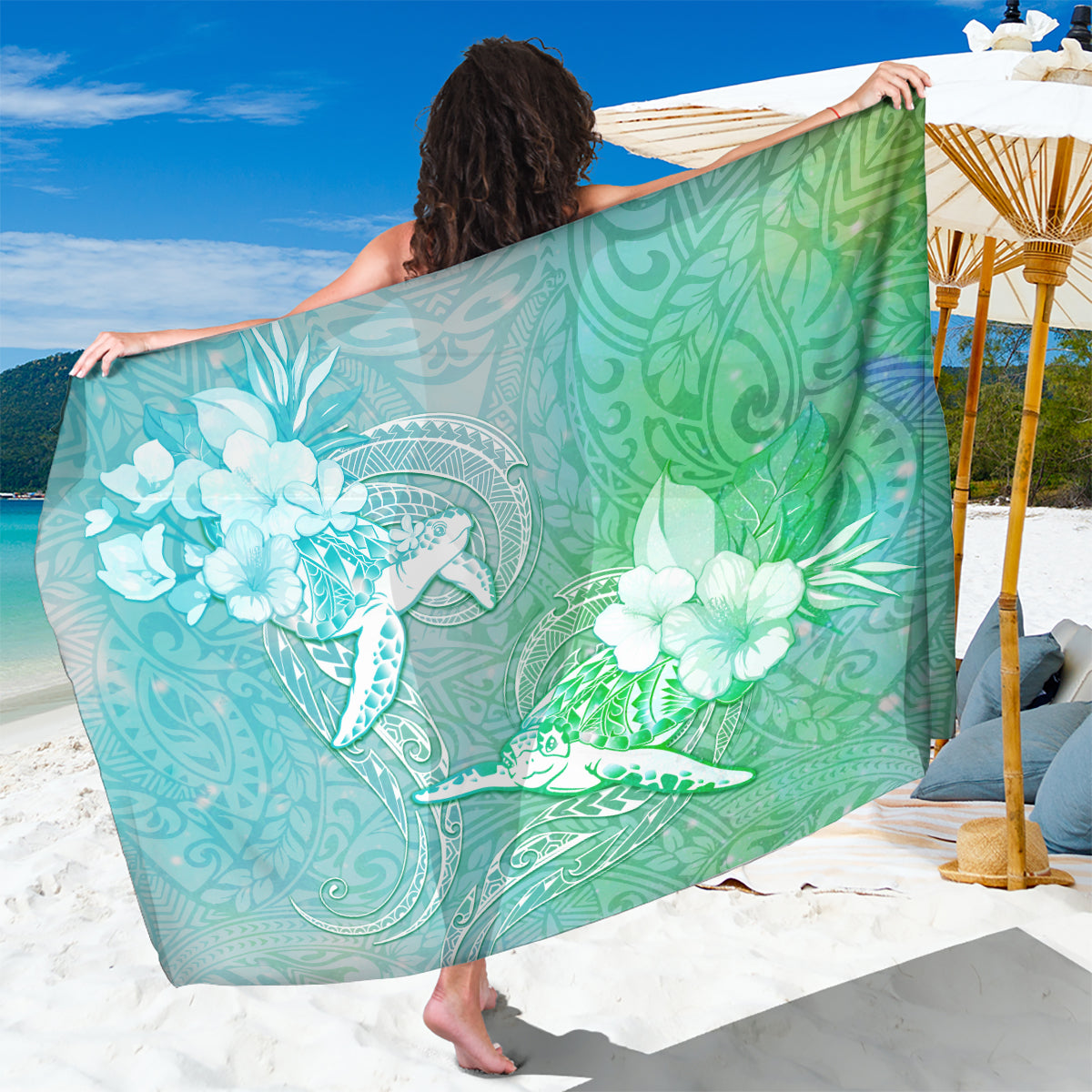 Couple Sea Turtle One Love One Heart Sarong LT05 One Size 44 x 66 inches Aqua - Polynesian Pride