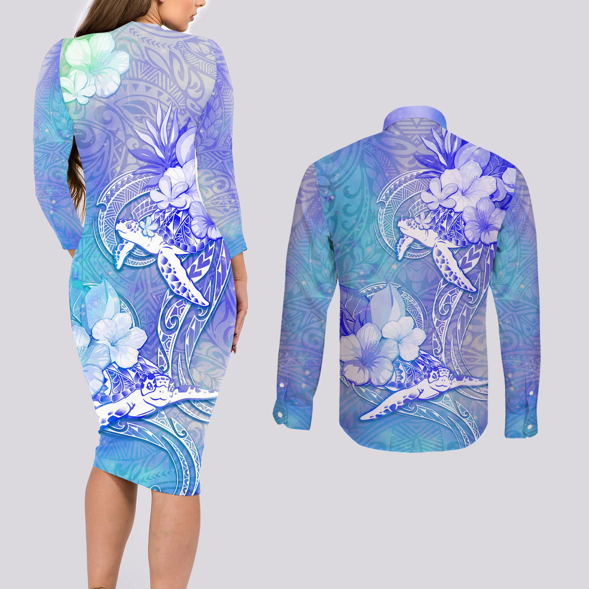 Couple Blue Sea Turtle Heart Love Couples Matching Long Sleeve Bodycon Dress and Long Sleeve Button Shirt LT05 - Polynesian Pride
