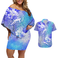 Couple Blue Sea Turtle Heart Love Couples Matching Off Shoulder Short Dress and Hawaiian Shirt LT05 Blue - Polynesian Pride