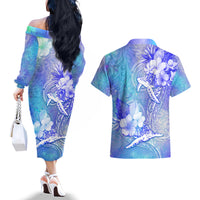 Couple Blue Sea Turtle Heart Love Couples Matching Off The Shoulder Long Sleeve Dress and Hawaiian Shirt LT05 - Polynesian Pride