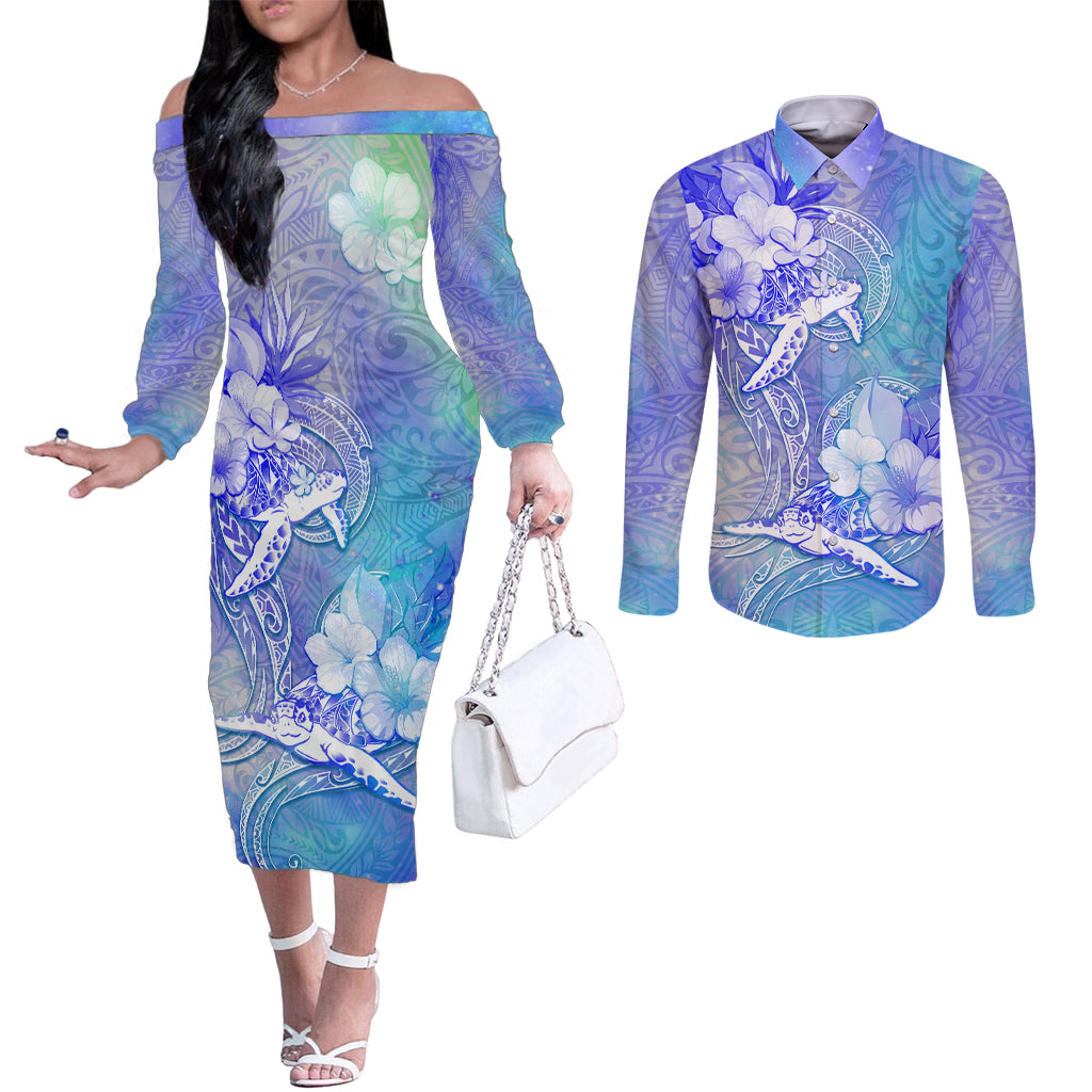 Couple Blue Sea Turtle Heart Love Couples Matching Off The Shoulder Long Sleeve Dress and Long Sleeve Button Shirt LT05 Blue - Polynesian Pride