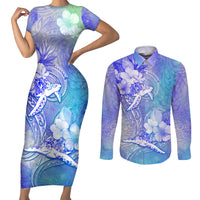 Couple Blue Sea Turtle Heart Love Couples Matching Short Sleeve Bodycon Dress and Long Sleeve Button Shirt LT05 Blue - Polynesian Pride