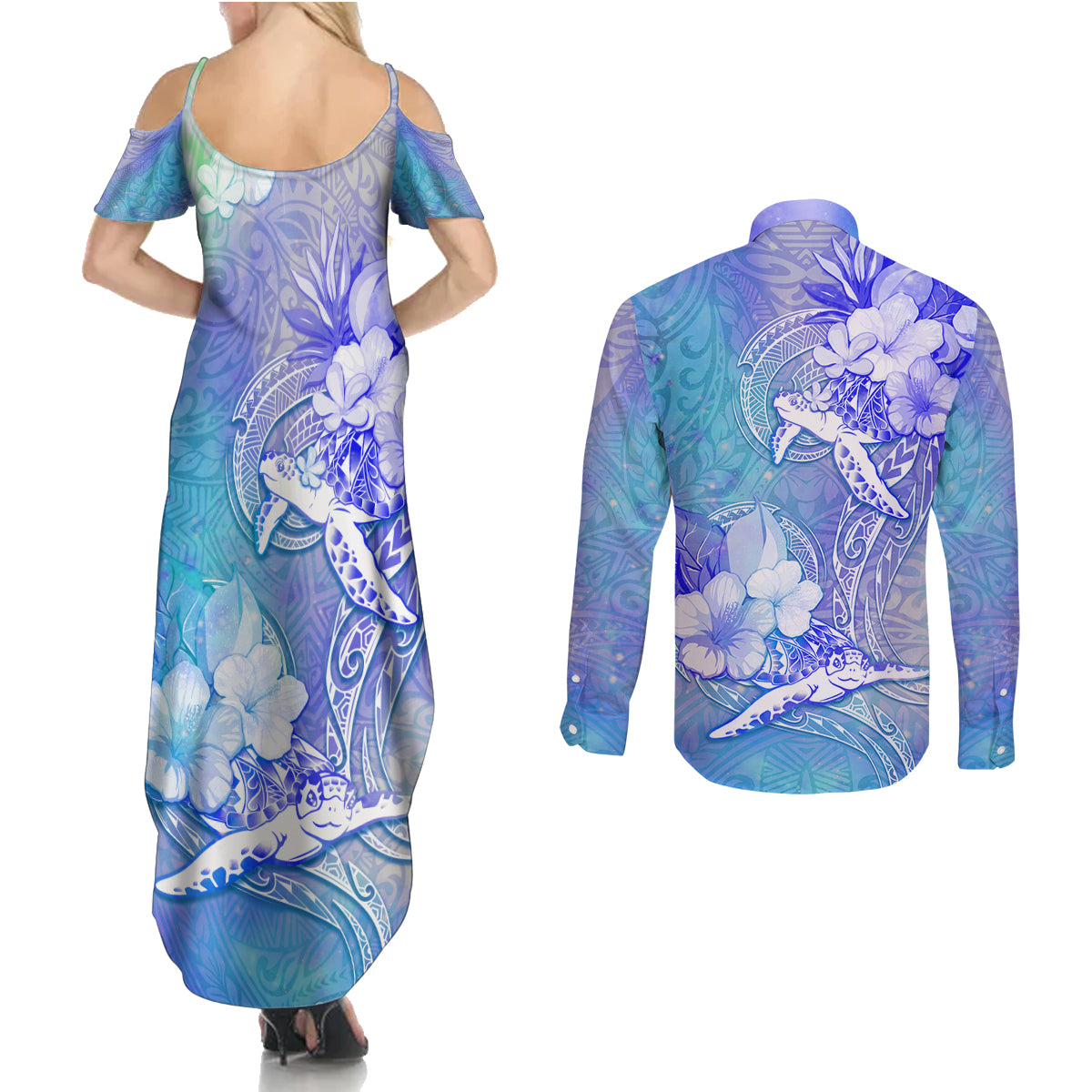 Couple Blue Sea Turtle Heart Love Couples Matching Summer Maxi Dress and Long Sleeve Button Shirt LT05 - Polynesian Pride