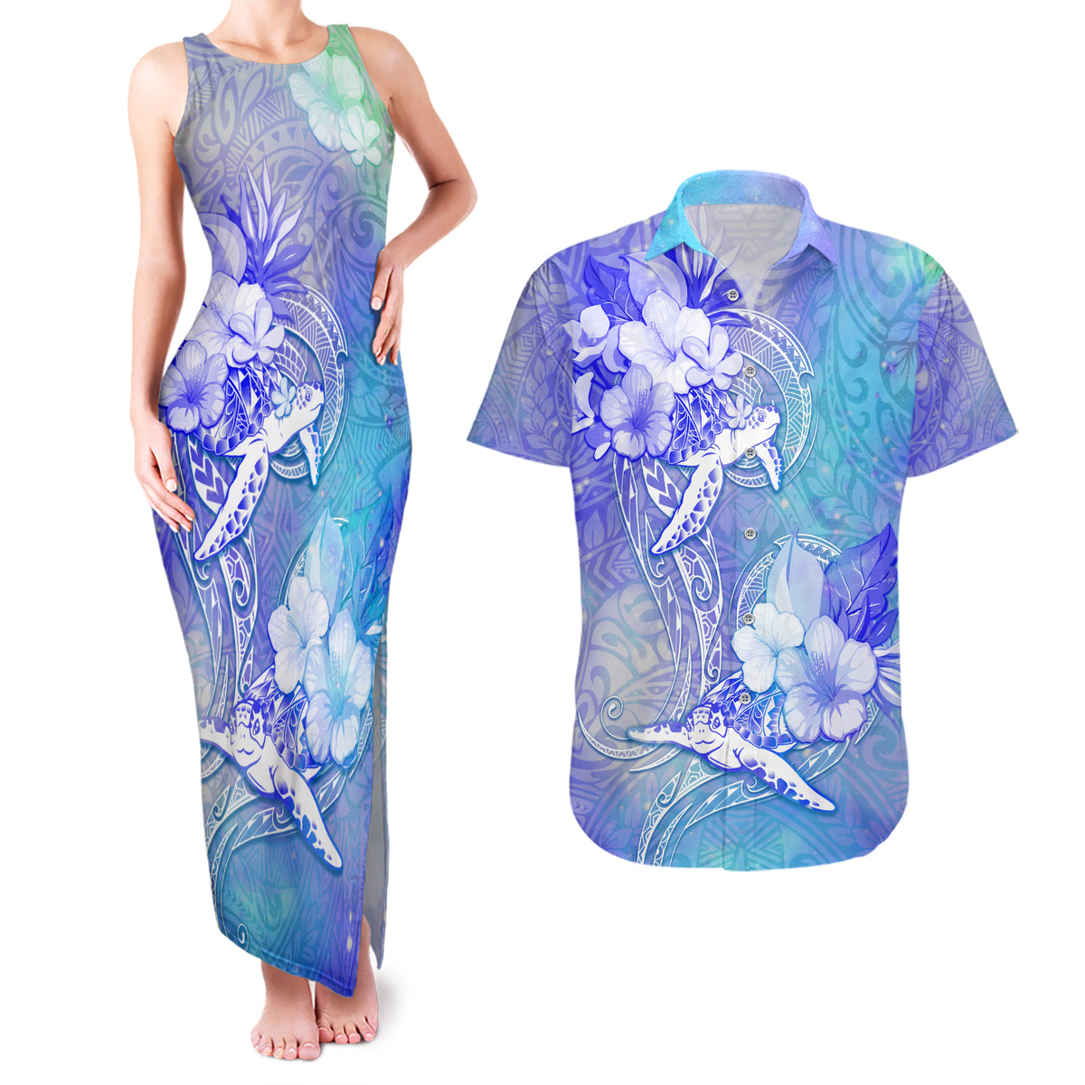 Couple Blue Sea Turtle Heart Love Couples Matching Tank Maxi Dress and Hawaiian Shirt LT05 Blue - Polynesian Pride