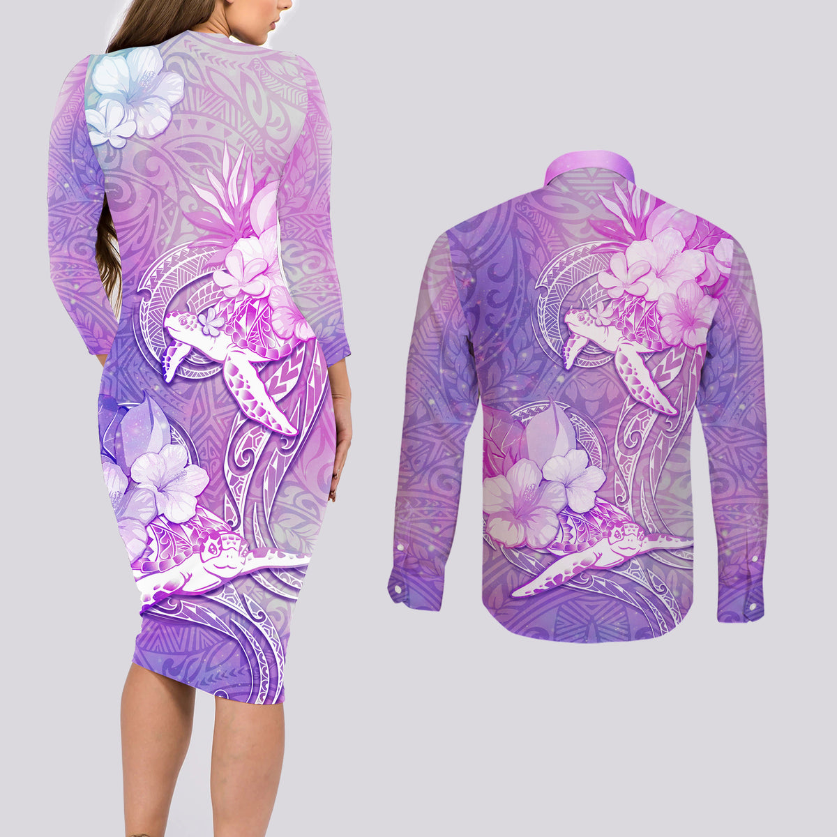 Couple Sea Turtle Love Give Us A Fairytale Couples Matching Long Sleeve Bodycon Dress and Long Sleeve Button Shirt LT05 - Polynesian Pride